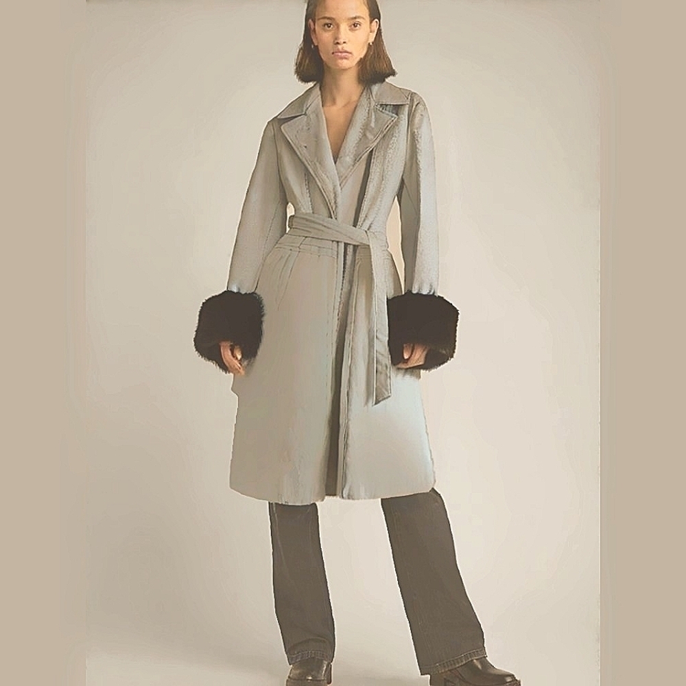 Vintage 1970s Genuine Leather Trench Coat with Faux Fur Cuffs